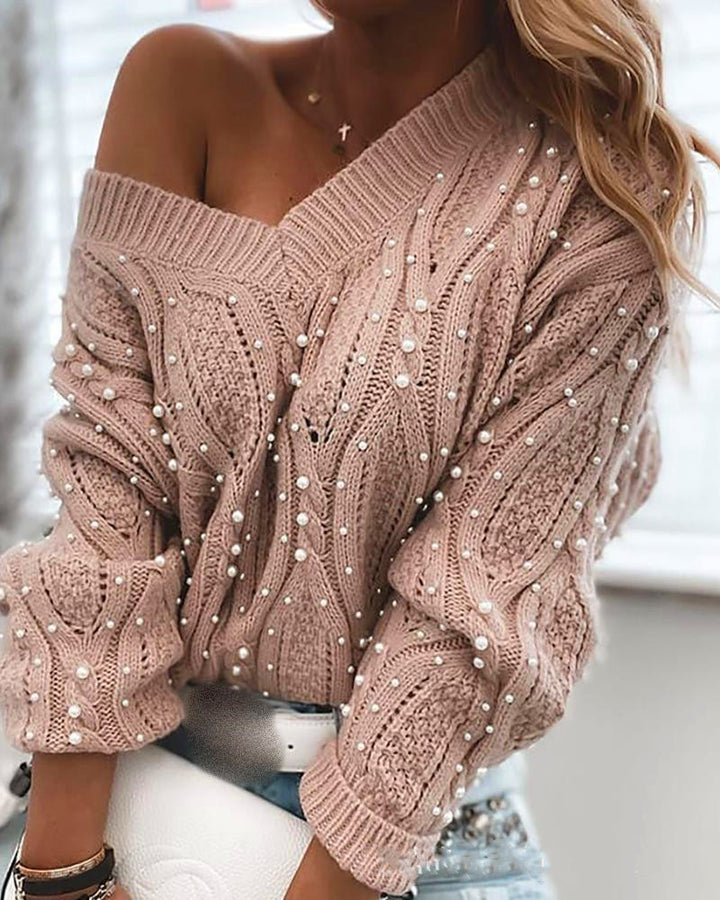 Cross border women's Pink V-neck bubble bead sweater