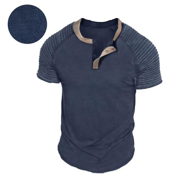 Button Neck Short Sleeved Men's Casual Pleats
