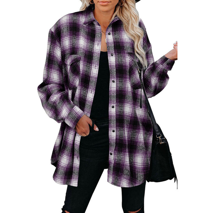 Women's Plaid Mid Length Loose Lapel Cardigan Shirt - Clevecorner