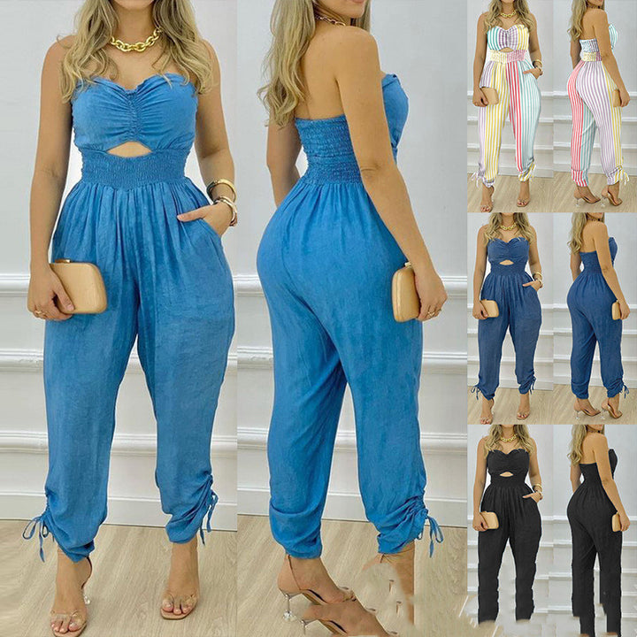 Women's New Blue Tube Top One-piece Trousers - Clevecorner