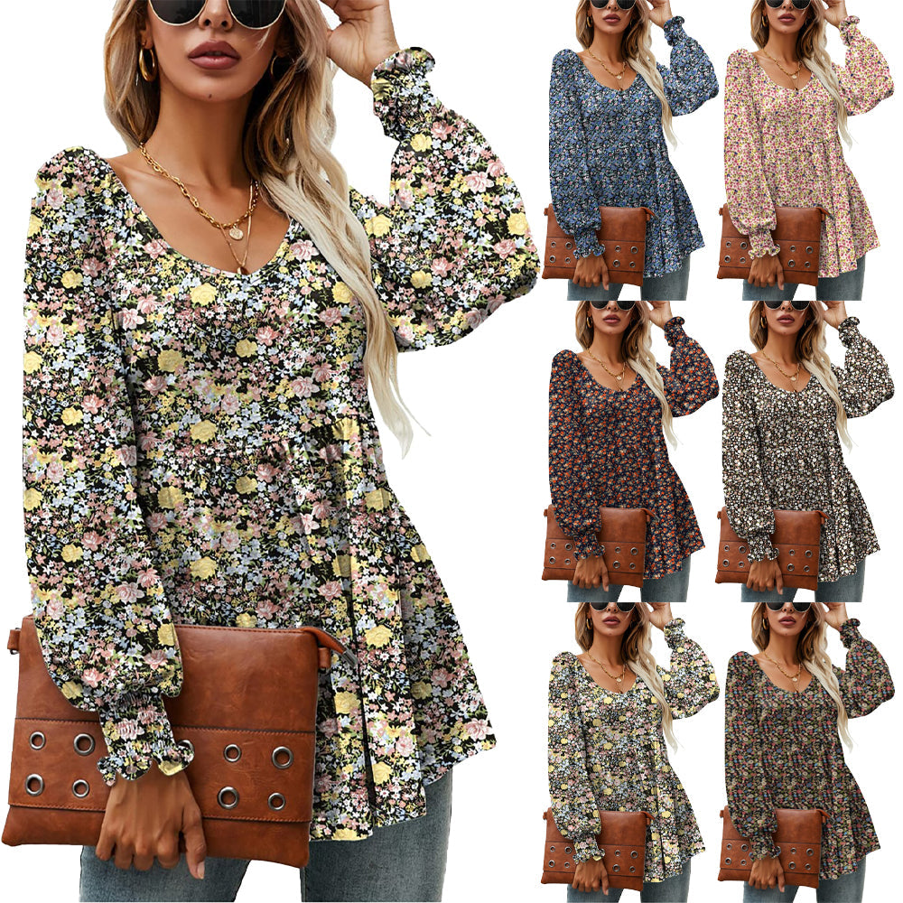 Long Puff Sleeve Tops Women Flowers Print Casual V-Neck Blouse T-Shirts