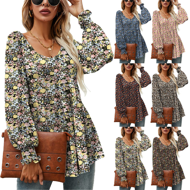 Long Puff Sleeve Tops Women Flowers Print Casual V-Neck Blouse T-Shirts