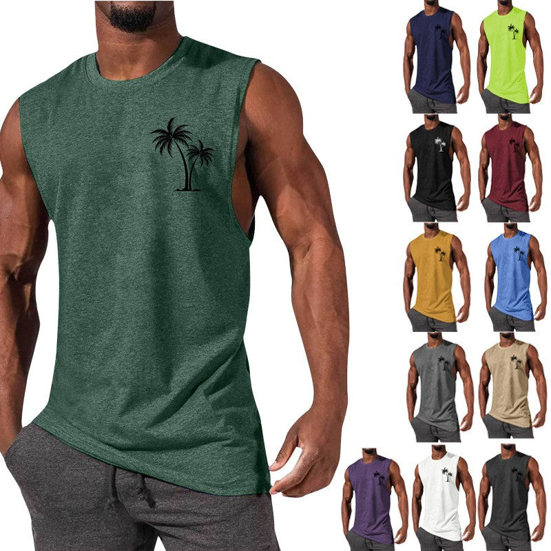 Coconut Tree Embroidery Vest Summer Beach & Workout Tank Top for Men