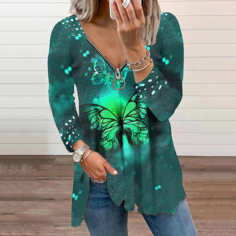Women's V-neck Zipper Pullover Top Pearl Print T-shirt