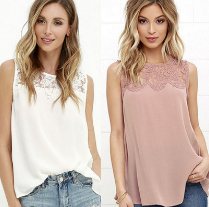 Women Shirts Pink White Floral Lace Chiffon Blouse Shirt - Clevecorner