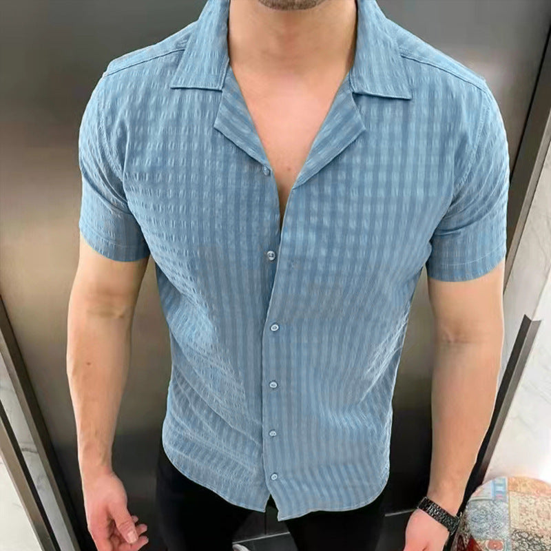 Men's Lapel Cotton Jacquard Short-Sleeve Shirt