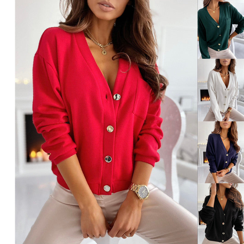 Women's Long Sleeve V-neck Button Bottoming Top - Clevecorner