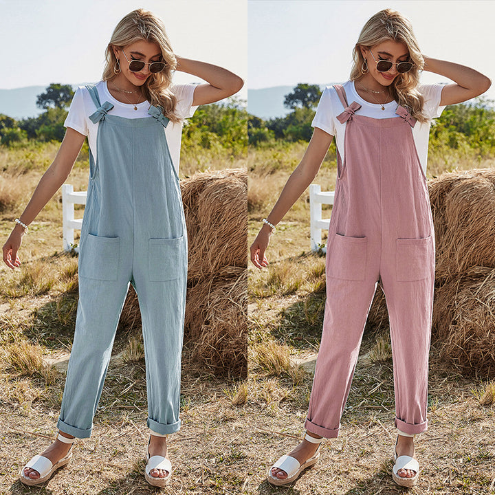 women's cross border pocket bow high waist leisure strap pants - Clevecorner