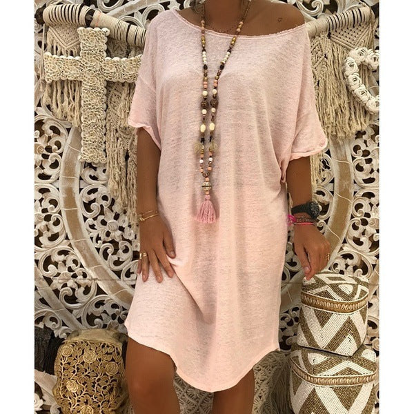 Women's Short Sleeve Loose Knitted Dress - Clevecorner