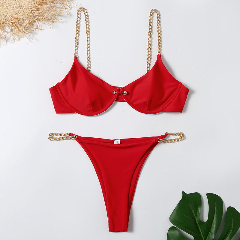 Women's Split Chain Halter Strap Bikini