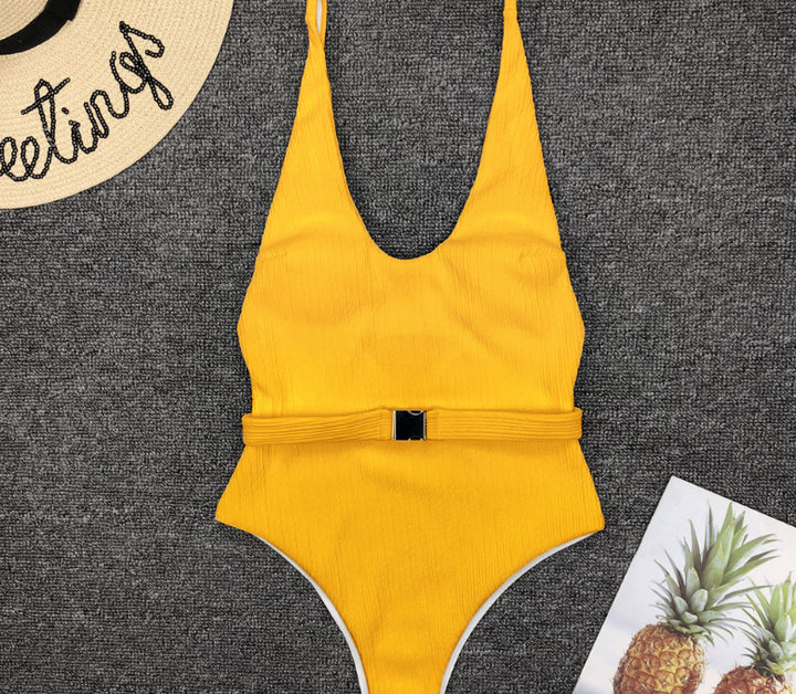 Women's Solid Color Special Fabric Belt Buckle One-Piece Bikini - Clevecorner