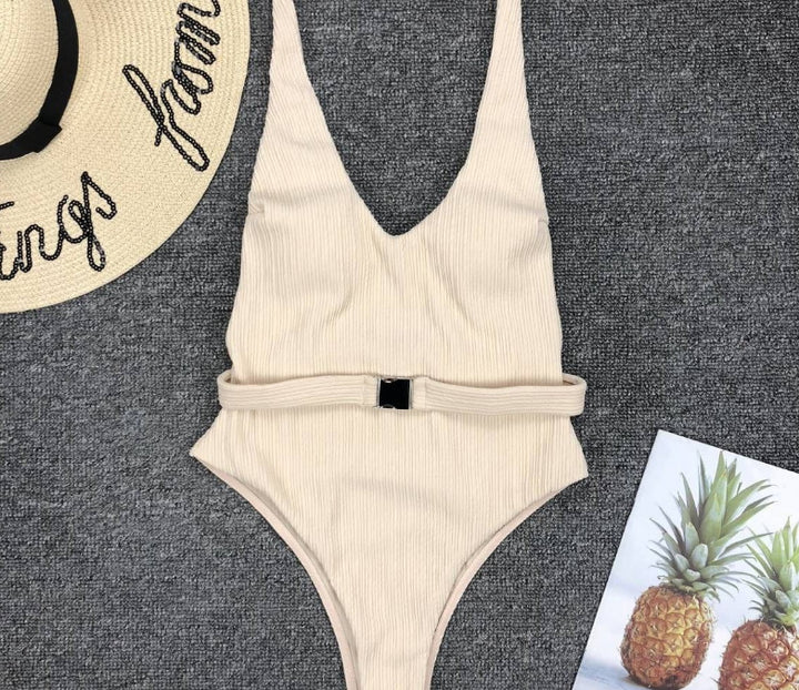 Women's Solid Color Special Fabric Belt Buckle One-Piece Bikini - Clevecorner