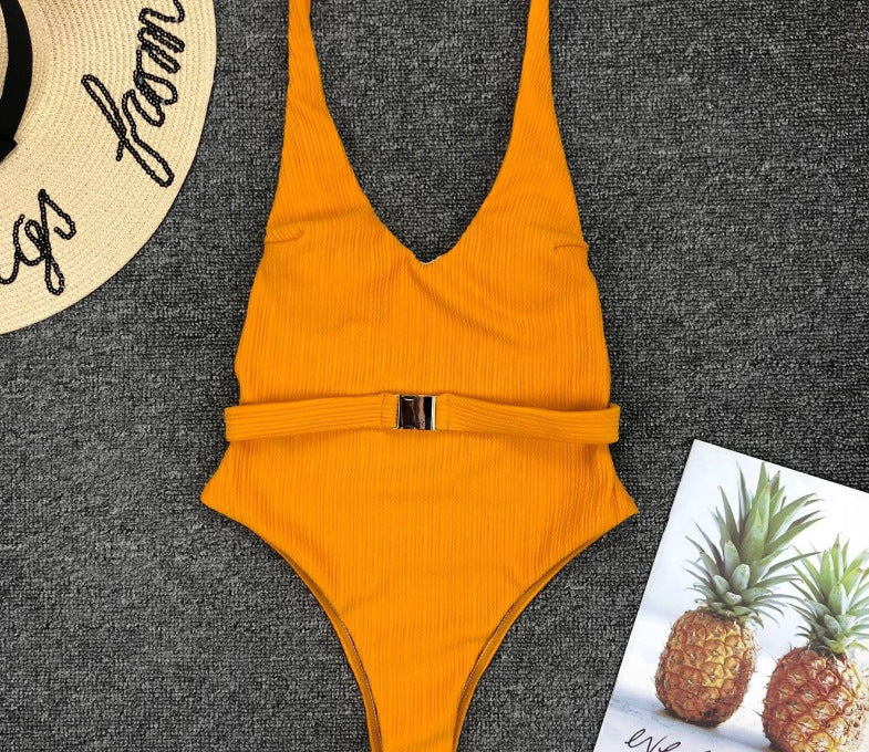 Women's Solid Color Special Fabric Belt Buckle One-Piece Bikini - Clevecorner