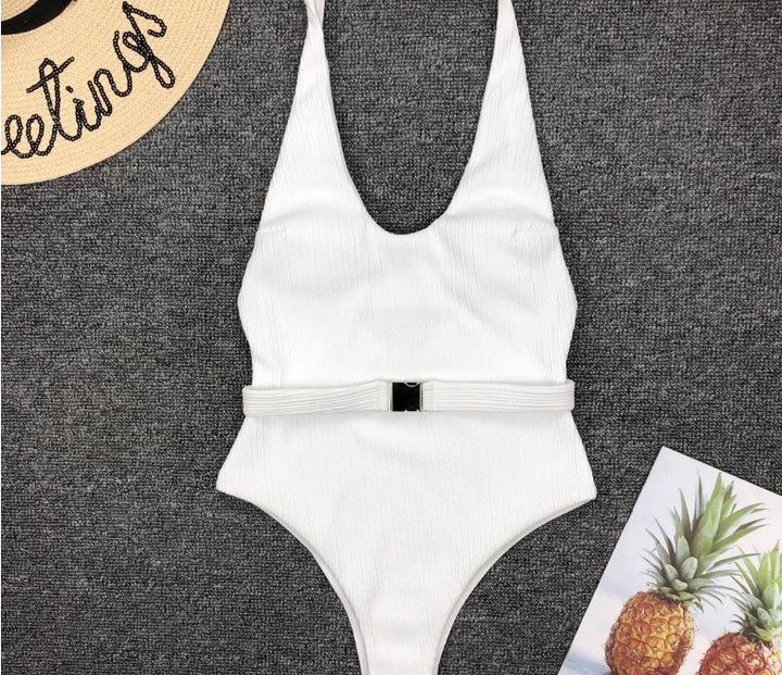 Women's Solid Color Special Fabric Belt Buckle One-Piece Bikini - Clevecorner