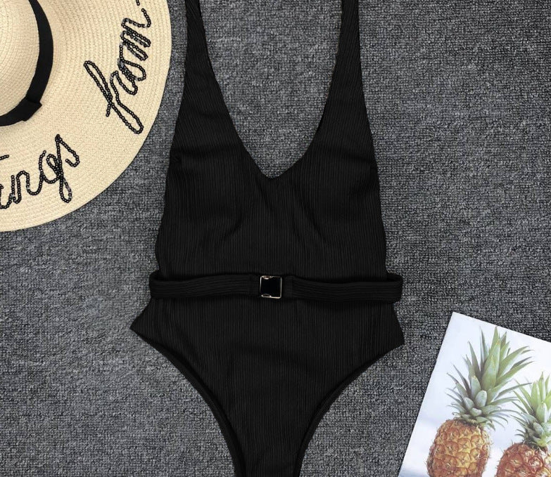 Women's Solid Color Special Fabric Belt Buckle One-Piece Bikini - Clevecorner