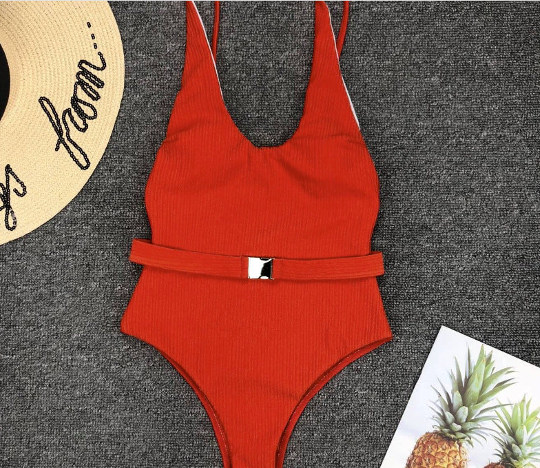 Women's Solid Color Special Fabric Belt Buckle One-Piece Bikini - Clevecorner