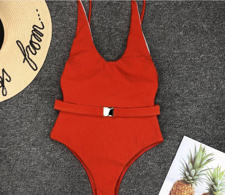 Women's Solid Color Special Fabric Belt Buckle One-Piece Bikini - Clevecorner