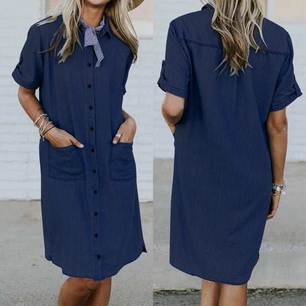 Women's Solid Color Denim Pocket Dress - Clevecorner
