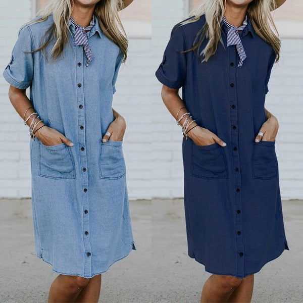 Women's Solid Color Denim Pocket Dress - Clevecorner