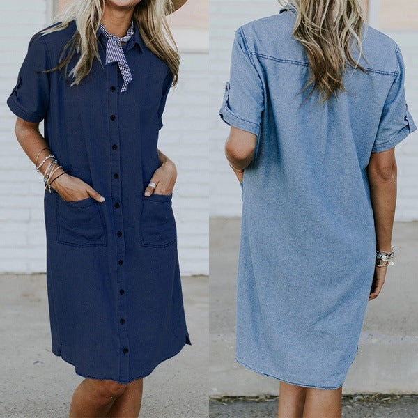 Women's Solid Color Denim Pocket Dress - Clevecorner