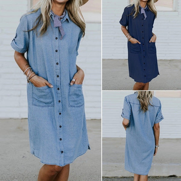 Women's Solid Color Denim Pocket Dress - Clevecorner