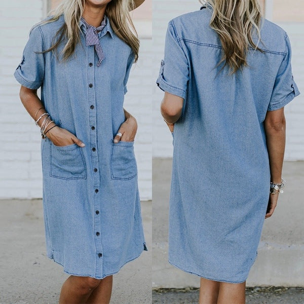 Women's Solid Color Denim Pocket Dress - Clevecorner