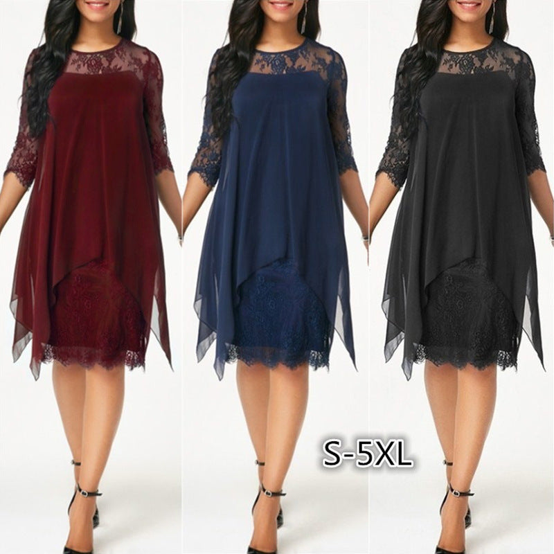 Lace Stitching Three-quarter Sleeves Mid-length Knee-length Chiffon