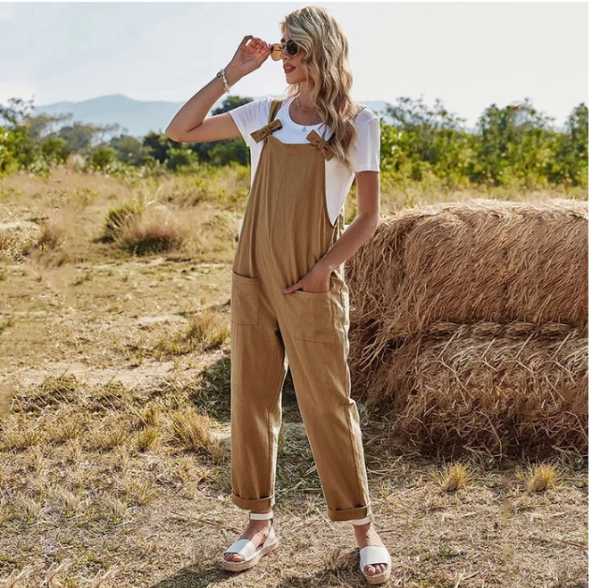 women's cross border pocket bow high waist leisure strap pants - Clevecorner