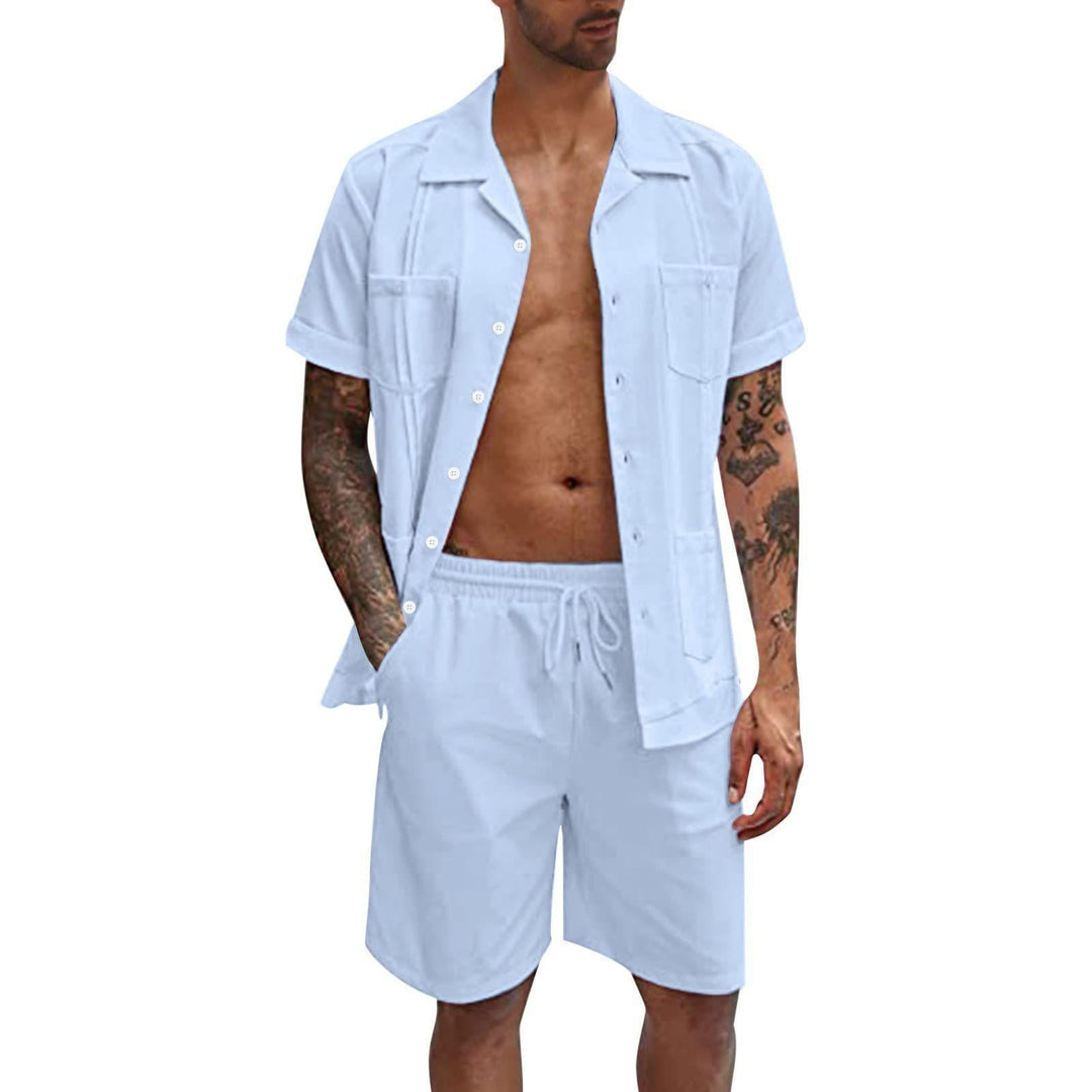 Summer Sports Casual Men's Short Sleeve Shirt and Shorts Set - Loose Linen
