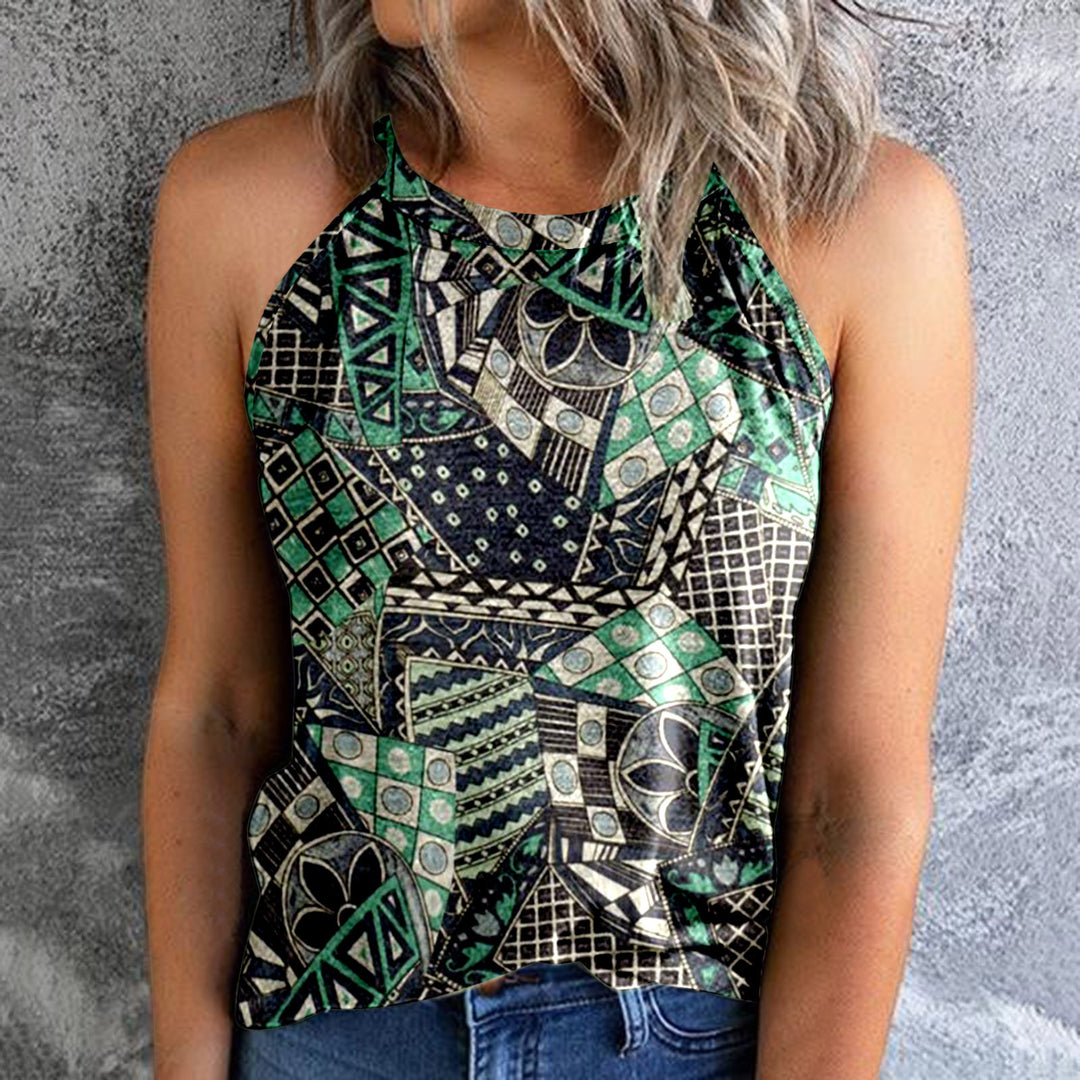 Women's Bohemian Print Vest Stitching Retro Pullover Slim Top - Clevecorner