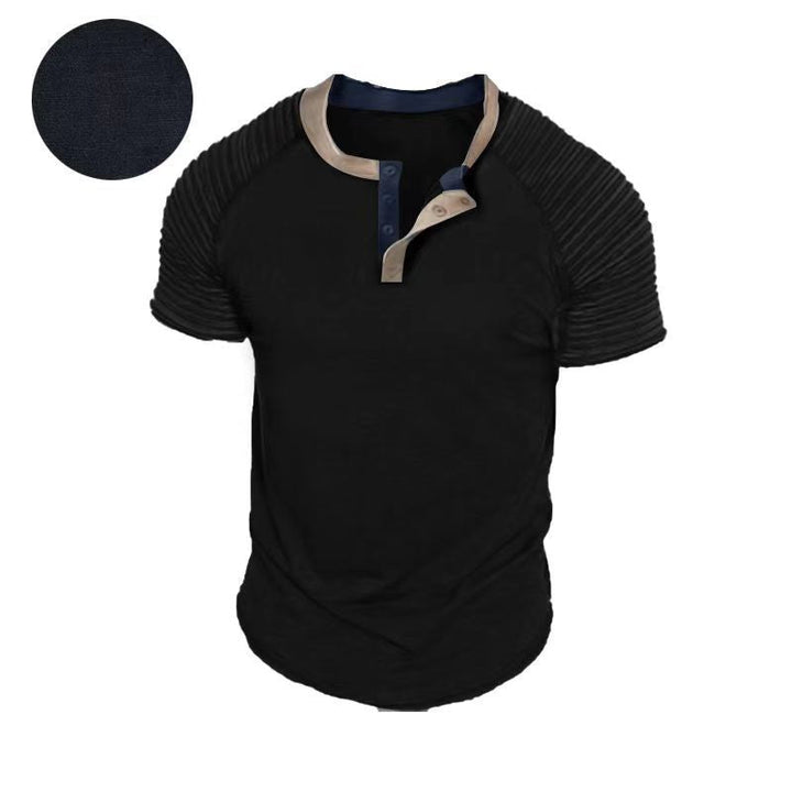 Button Neck Short Sleeved Men's Casual Pleats