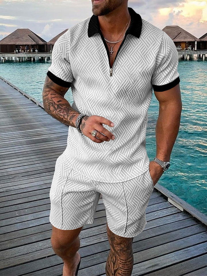 Men's Casual Color Contrast Polo Shirt - Short Sleeve Zip Lapel Suit