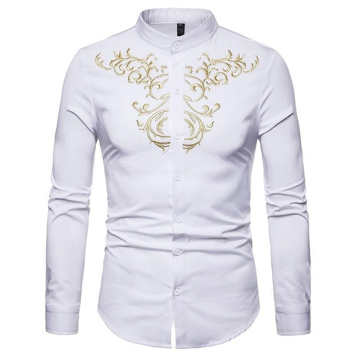Men's Embroidered Henry Collar Ironing Free Long Sleeves Shirt
