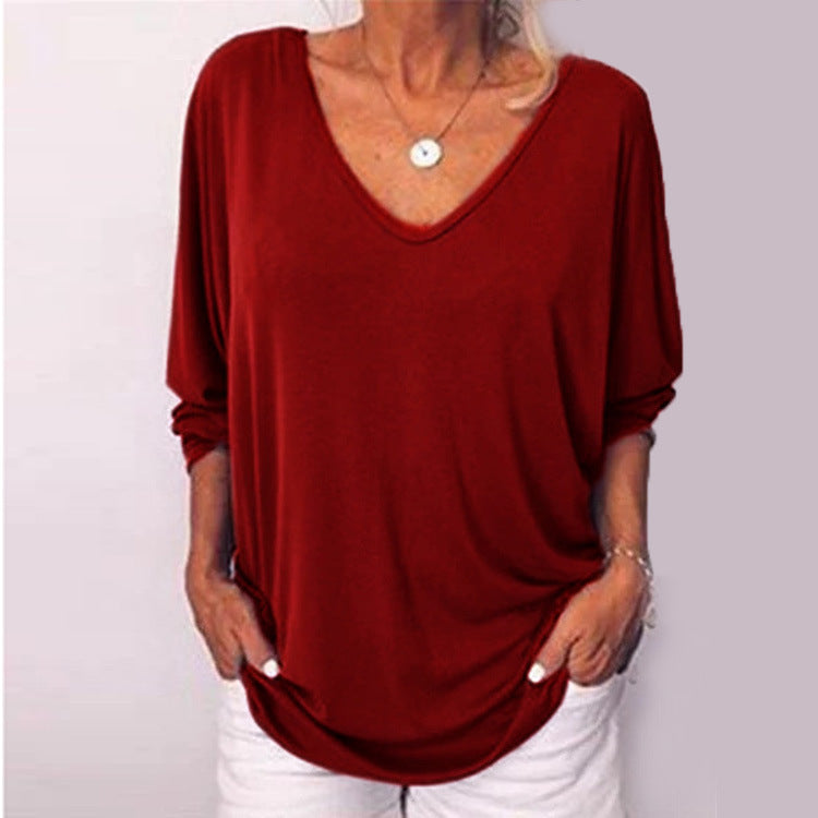 V-neck bat long sleeve back button T-shirt - Clevecorner