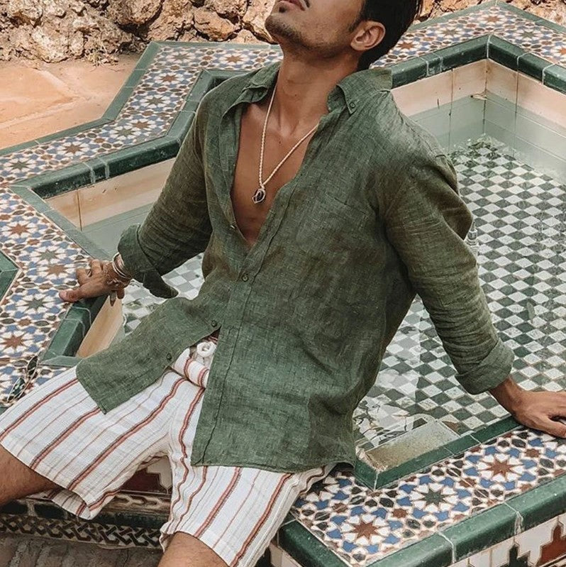 Explosion Style Men's Long-Sleeved Button Cotton and Linen Shirt