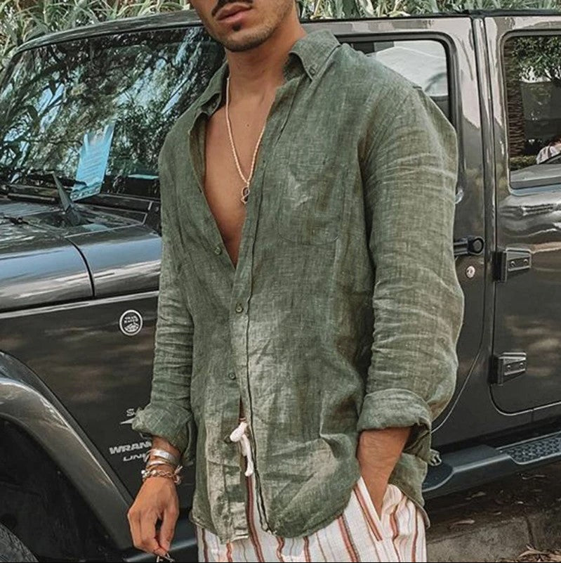 Explosion Style Men's Long-Sleeved Button Cotton and Linen Shirt