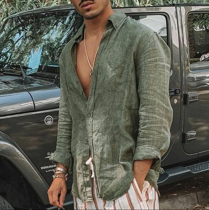 Explosion Style Men's Long-Sleeved Button Cotton and Linen Shirt