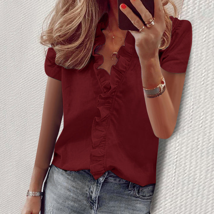 Solid Color V-Neck Short Sleeve Ruffle Shirt Top T-Shirt Women
