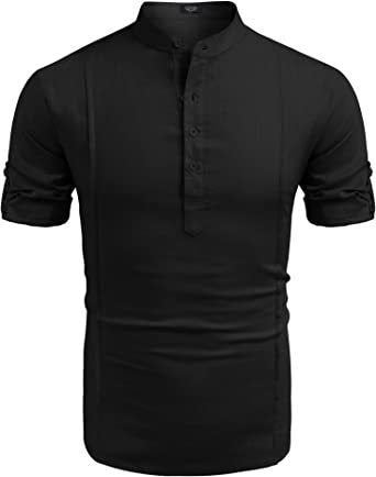Henley Linen Men Casual Short Sleeve T-Shirt