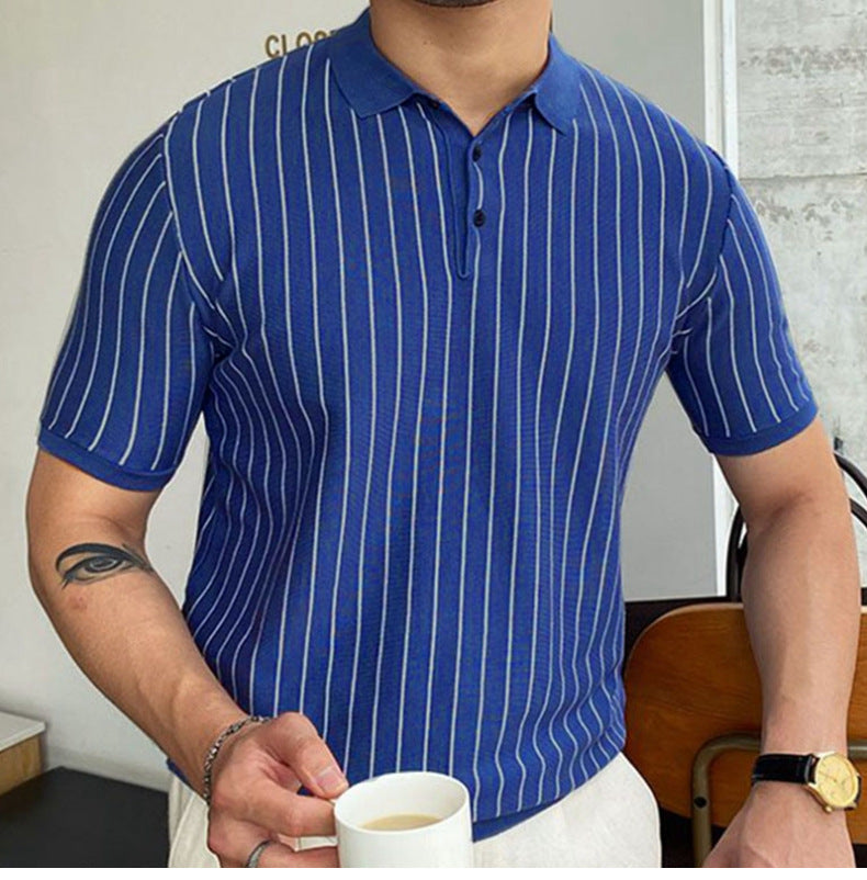 Striped Slim-Fit Short Sleeve Business Shirt with Lapel