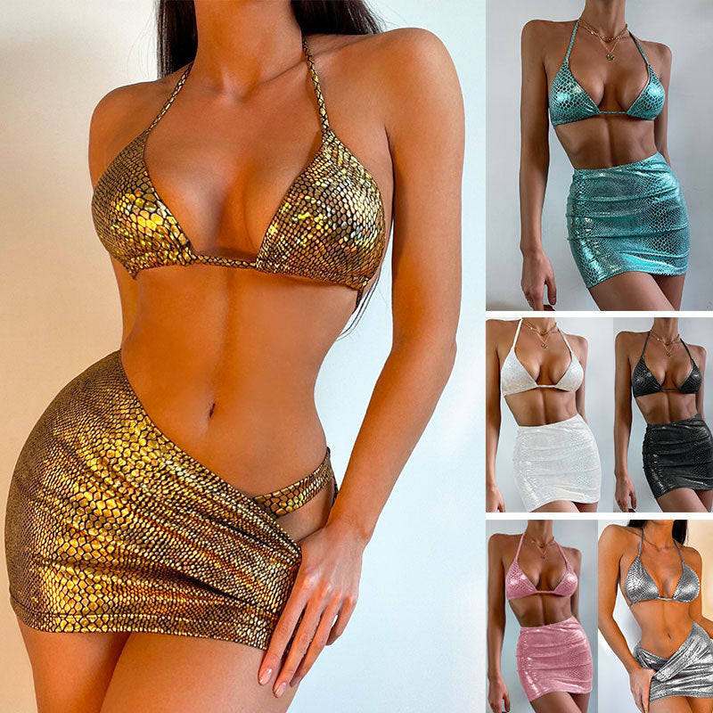 Three Pieces Bathing Suits Halter Snake Pattern Bikini Set