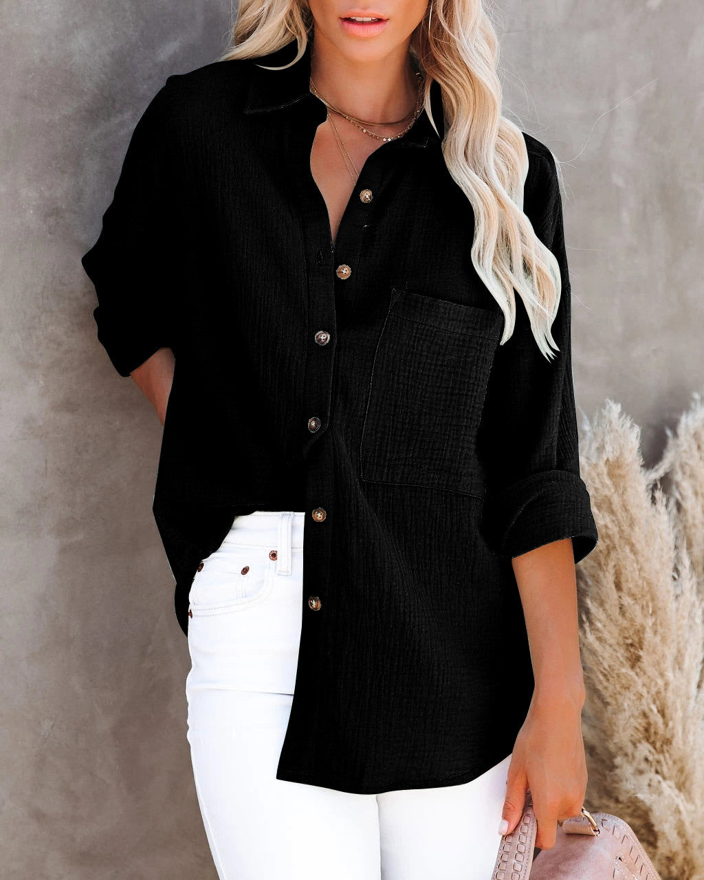 Simple Cotton Linen Long Sleeve V Neck Button Ladies Shirt