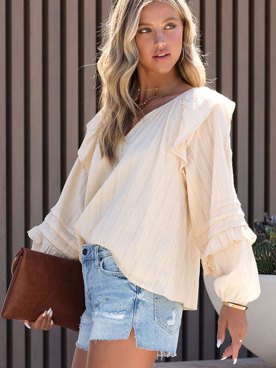 V-Neck Ruffled Puff Sleeve Pullover Shirt in Solid Color