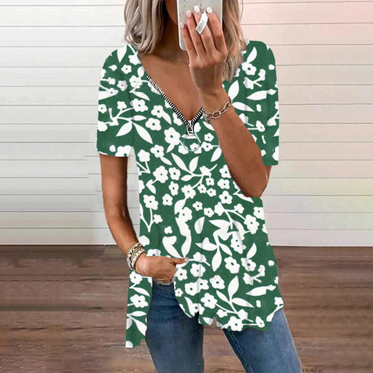 Women's V-neck Zipper Loose Floral T-shirt - Clevecorner