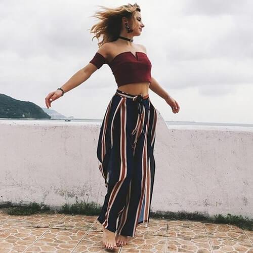 Women's striped sexy split wide-leg pants - Clevecorner