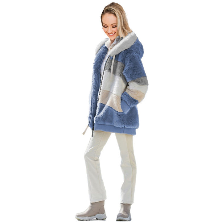 Women's Loose Plush Multicolor Hooded Jacket - Clevecorner