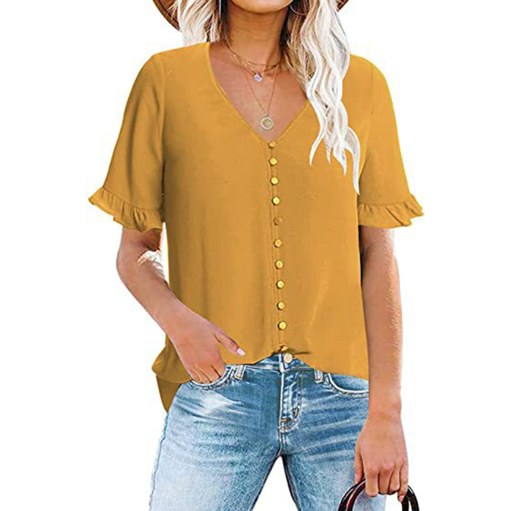 Women's Ruffle V-Neck Button-Down Shirt - Clevecorner