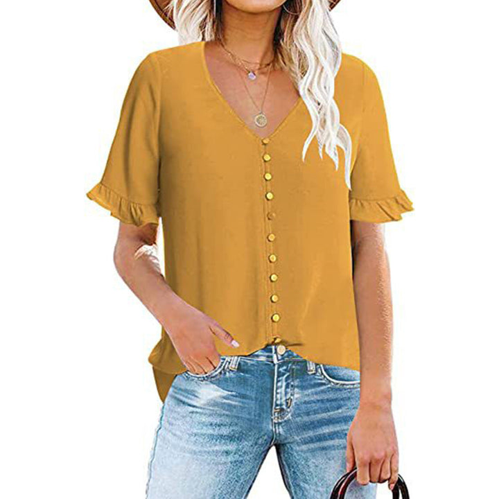 Women's Ruffle V-Neck Button-Down Shirt - Clevecorner