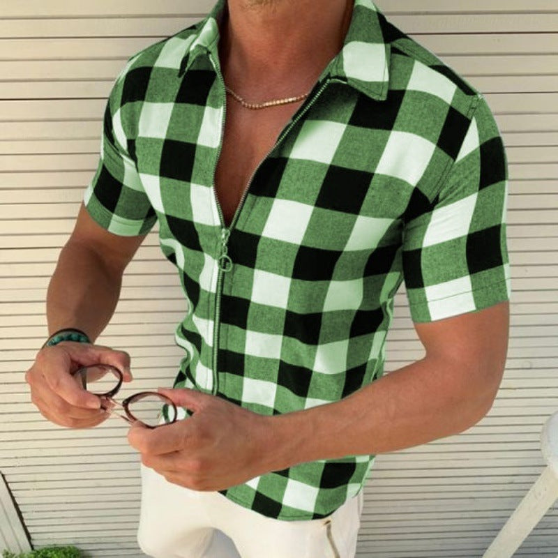 Summer Plaid Zipper T-Shirt for Men