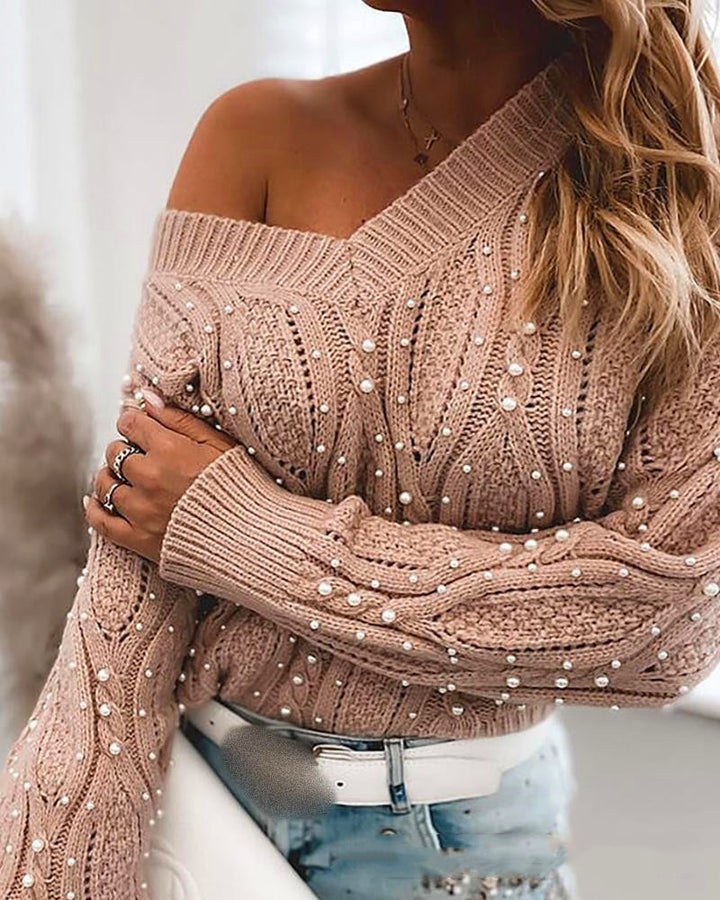 Cross border women's Pink V-neck bubble bead sweater